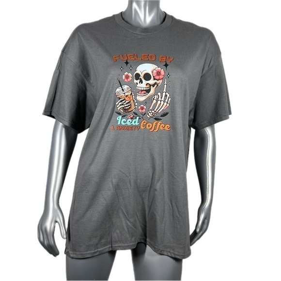 Charcoal Grey Short Sleeve Graphic T ‘Fuel by Iced Coffee & Anxiety’ with Skull - Picture 2 of 10